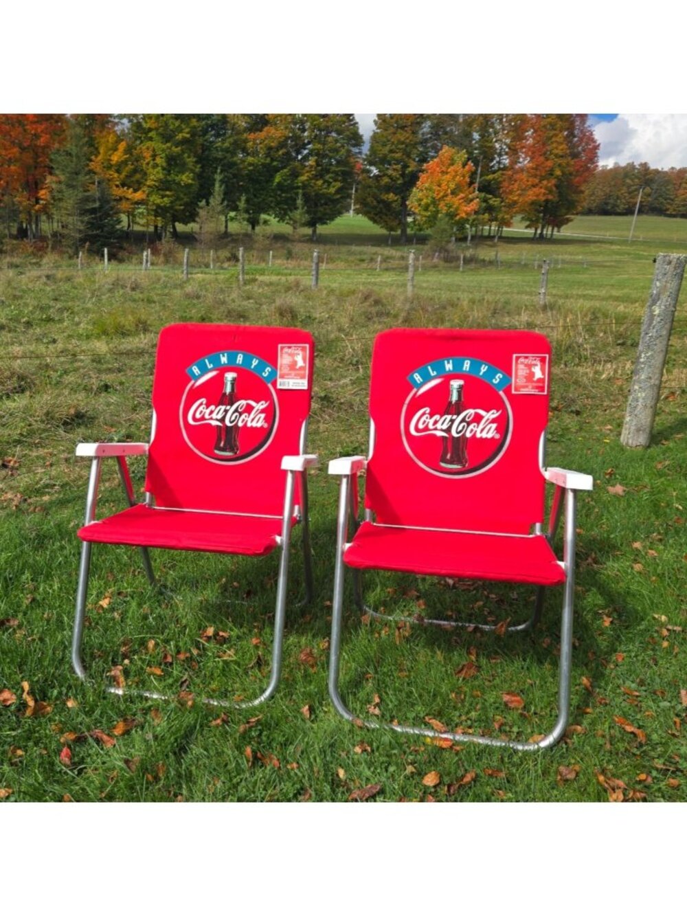 Vintage 1998 Coca-Cola 2 Folding Aluminum Canvas Lawn Chairs Deadstock With Tag